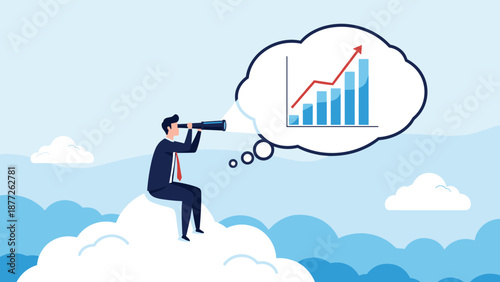 Business vision and future market forecasting concept with professional man on cloud observing chart with telescope.