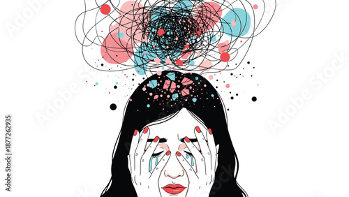 Distressed woman covers her face and cries while a tangled mess of scribbles represents the overwhelming anxiety and chaotic thoughts of mental health.