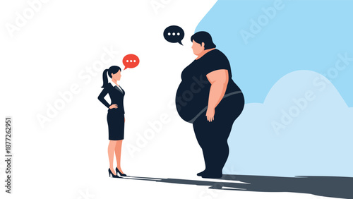 A professional woman in a suit stands across from an obese man in a conceptual illustration about weight health, body image, and medical consultations.