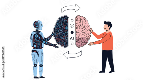 A futuristic robot and a human male collaborate to assemble a brain model symbolizing the integration of artificial intelligence with human cognitive skills.