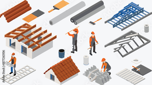 Construction workers building and repairing roofs with materials