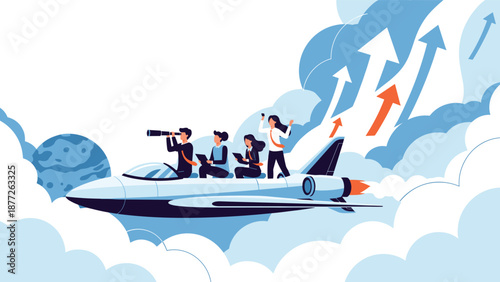 A team of business professionals flies together on a blue rocket ship soaring high above clouds with upward arrows representing rapid company growth.