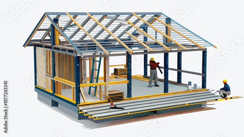 Construction workers building modern house frame