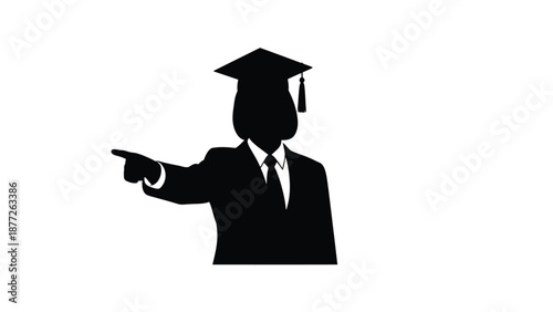 Silhouette of a recent graduate wearing a mortarboard and pointing firmly to the side symbolizing direction leadership and academic achievement in a professional setting