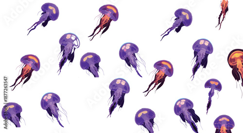 Glowing purple jellyfish illustration set with floating marine creatures in fantasy underwater cartoon style