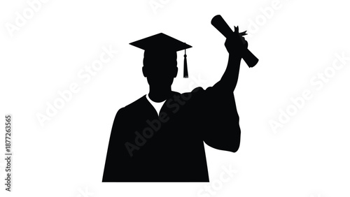 Silhouette of a triumphant graduate wearing a mortarboard and academic regalia raising a rolled diploma scroll high above their head in celebration of educational achievement