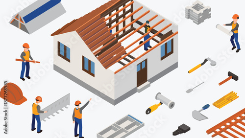 Construction workers building a house with tools and materials