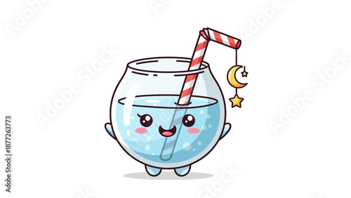 cartoon fishbowl drink with straw and moon charm