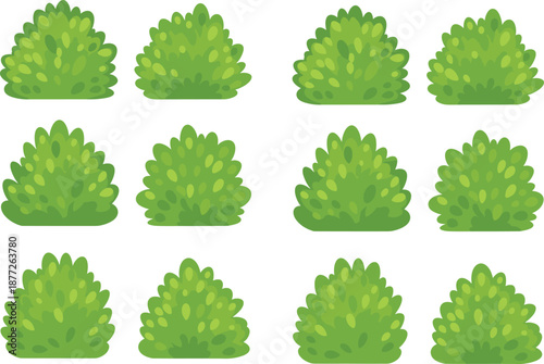 Green bush set with different shapes, cartoon garden shrub collection, flat nature foliage vector illustration