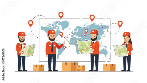 Logistics Team Planning Global Delivery Route with World Map and Packages