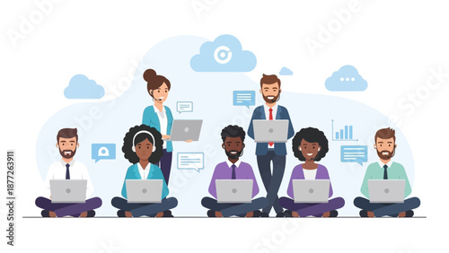 Diverse Team Collaborating Online with Laptops and Cloud Computing