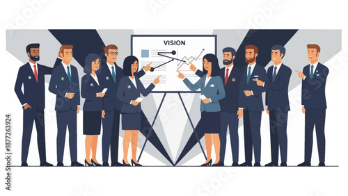 Diverse Business Team Presents Vision Strategy on Whiteboard in Meeting Room