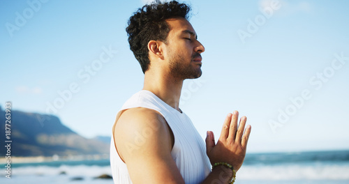 Tableau sur toile Zen, man and yoga at ocean with meditation, prayer hands and peaceful moment for spiritual healing