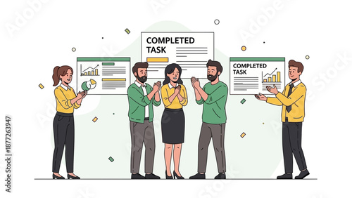 Teamwork, Success, Completed Task Celebration, Business Achievement, Project Finish