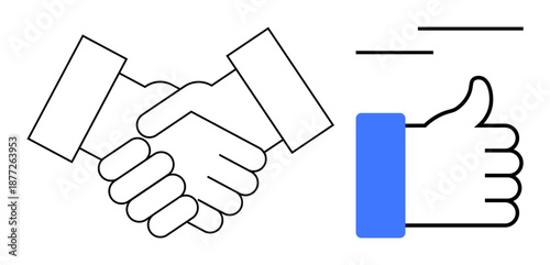 Business collaboration. Handshake mutual agreements and positivity with a thumbs-up icon approval. Business collaboration trust, teamwork, positivity, workplace communication
