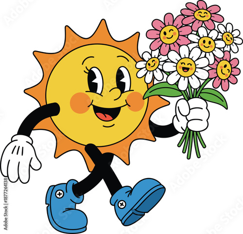 A cheerful retro cartoon sun character walking and holding a bouquet of smiling flowers.