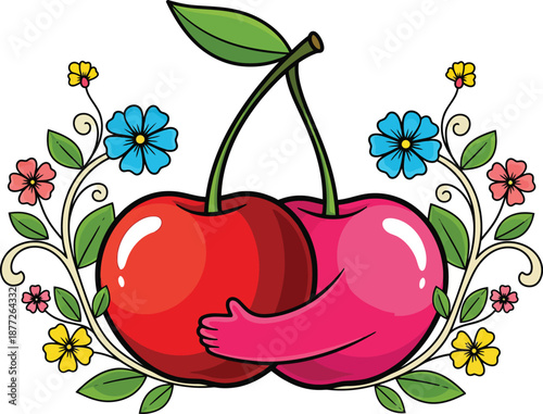 A cute cartoon of two anthropomorphic red and pink cherries hugging framed by colorful flowers and vines.