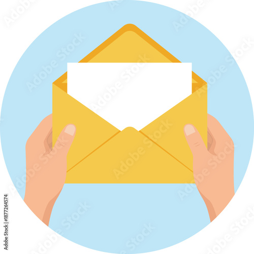 Illustration of two hands holding an open yellow envelope with a blank white letter, representing mail, communication, and message delivery.