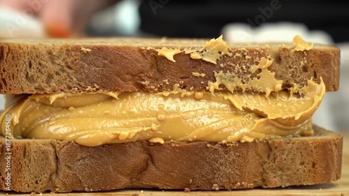 Peanut butter being spread on dark bread slice