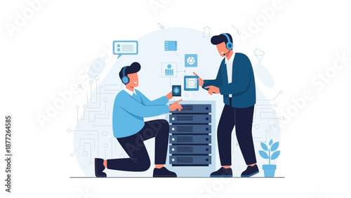 IT Support Team Installing Server Rack with Data Center Technology Icons