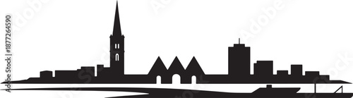 Modern harbor city skyline with cathedral spire and commercial ship vessel in port silhouette