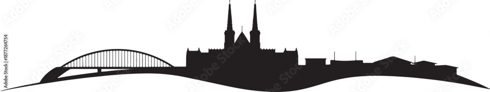 Fototapeta premium Silhouette of city skyline featuring cathedral towers large arch bridge and distant buildings
