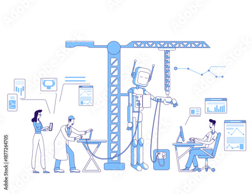 Business Team Having Meeting with AI Robot in Modern Office Environment
