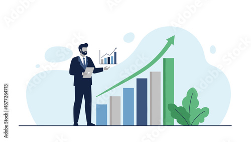 Businessman analyzing financial growth chart, showing upward trend and positive progress.