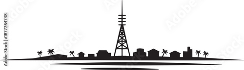 Remote island village skyline with tall radio transmitter tower and tropical palm trees icon