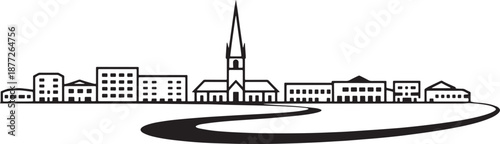 Suburban town skyline vector silhouette modern and traditional buildings church steeple road