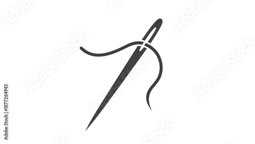 Simple black and white sewing needle icon with thread design element