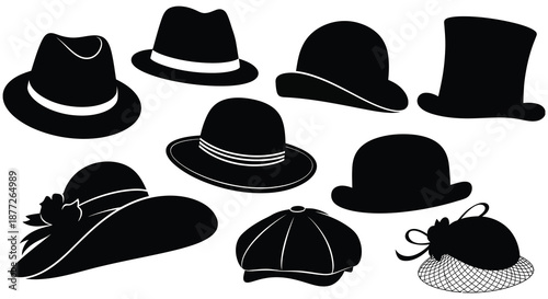 A collection of various hat designs presented in a stark black and white silhouette