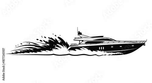 A dynamic depiction of a speeding yacht leaving a splashy wake presented as a silhouette