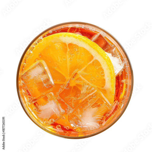 Refreshing aperol spritz with orange slice and ice cubes, top view isolated on white background