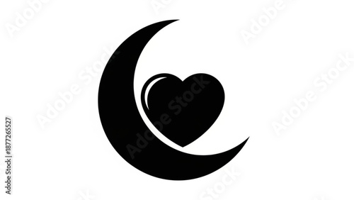 Black crescent moon cradling a heart symbol representing love romance and night time concepts isolated on a white background