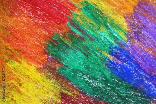 Vibrant Diagonal Abstract Oil Pastel Drawing with Bold Strokes of Red Green Yellow Blue Purple