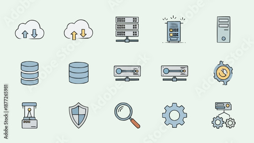 Collection of technology and data icons for digital use.