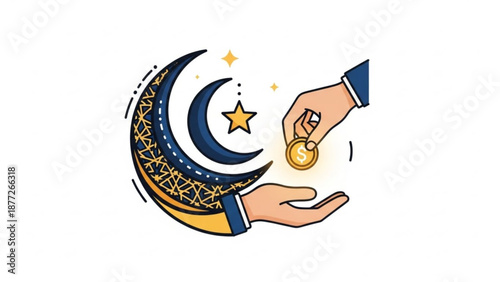 Islamic crescent moon with star and hand giving coin symbol of charity and faith for Ramadan and Eid flat vector illustration