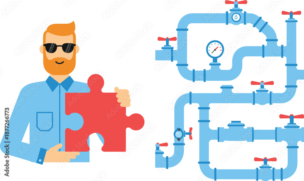 Fototapeta premium Problem solving concept vector with man holding puzzle piece and complex pipeline system for business process illustration design