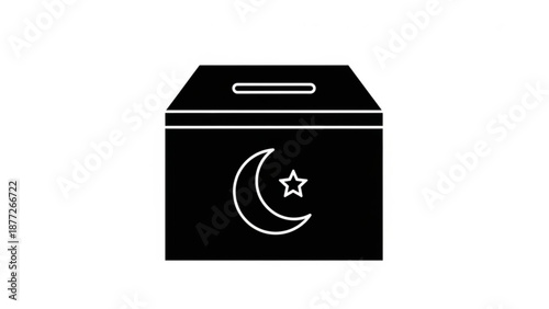 Islamic charity box icon simple black vector illustration with crescent moon and star representing Zakat and Sadaqah for donation and giving concepts