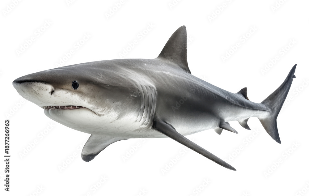 Fototapeta premium Gray shark swimming in side profile view, isolated on transparent background