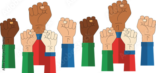 Raised fists of diverse people vector illustration symbolizing unity, equality, protest, human rights, and social justice concept