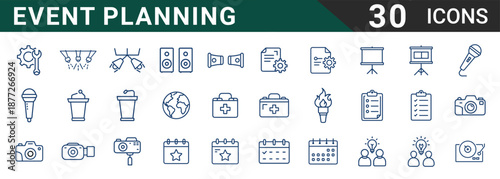 A comprehensive set of thirty minimal line art vector icons depicting essential elements and tools required for successful corporate and personal event planning coordination.