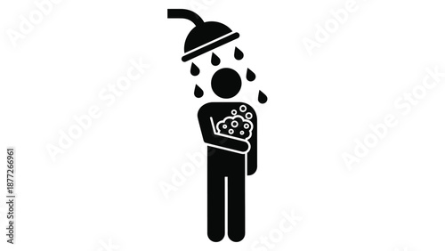 Simple black icon depicting a person washing under a running shower