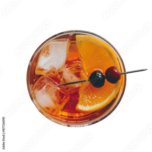 High angle view of a refreshing cocktail with ice, orange slice, and cherry isolated on white background
