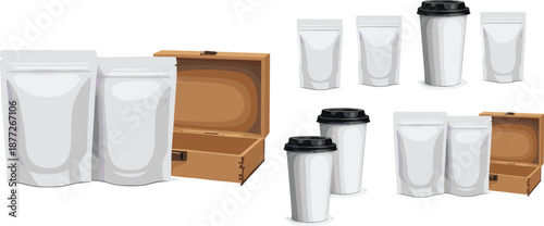 Reusable coffee packaging set with blank stand-up pouches, takeaway cups, and wooden box mockup illustration