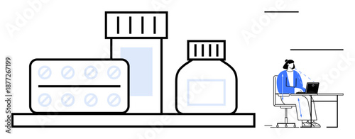 Online pharmacy. Display of medication bottles and tablets with customer service ative at desk. Online pharmacy offering health products, delivery, and consultation. For healthcare, e-commerce