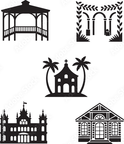 Black silhouette of gazebo building architecture outdoor garden decoration landscape scene