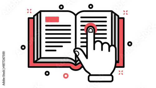 Finger tapping digital book icon for learning interaction concept