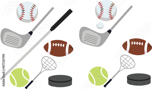 Sports equipment vector set with baseball, golf club, tennis ball, hockey puck, football, and racket icons